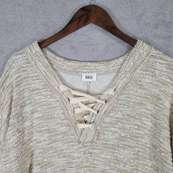 BKE Womens Beige Tweed Knit Sweater With Lace-Up V-Neck  L - Picture 6 of 7